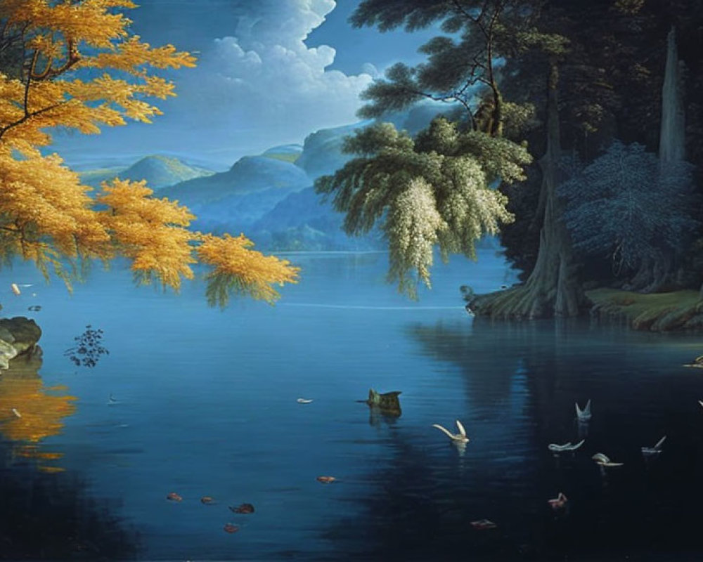 Tranquil landscape: blue lake, autumn trees, mountains, birds