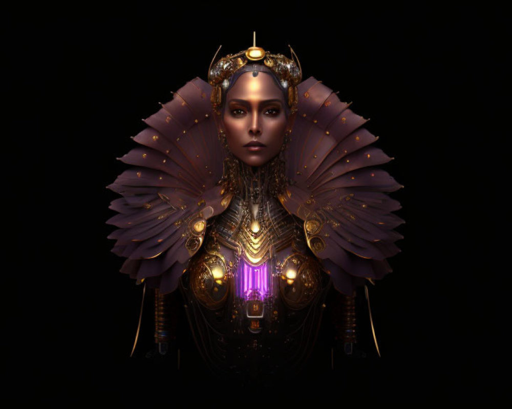 Digital Artwork: Woman with Golden Headdress and Armor in Purple and Dark Background