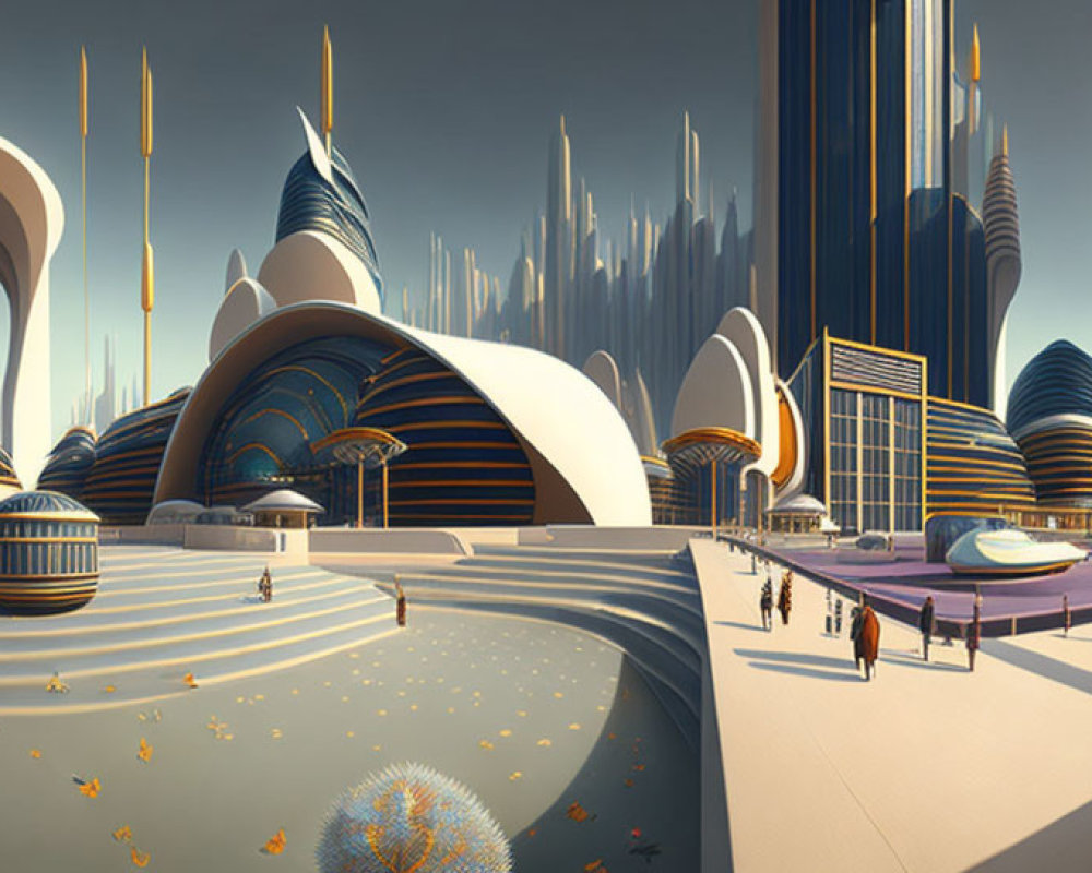 Futuristic cityscape with sleek buildings and people strolling among trees