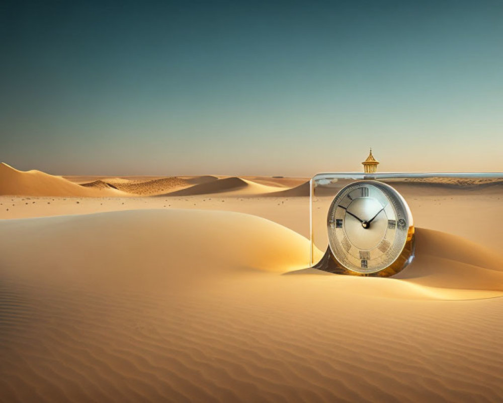 Surreal image: Large hourglass with clock face in desert setting