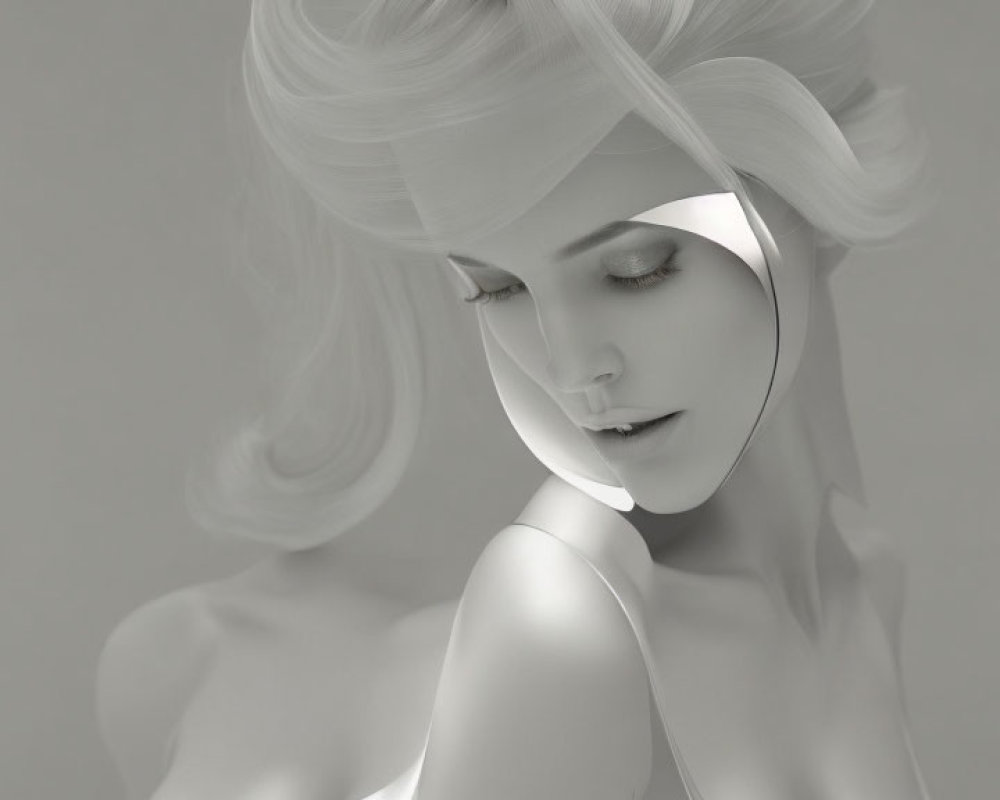 Monochrome 3D-rendered female figure with voluminous hair and contemplative expression