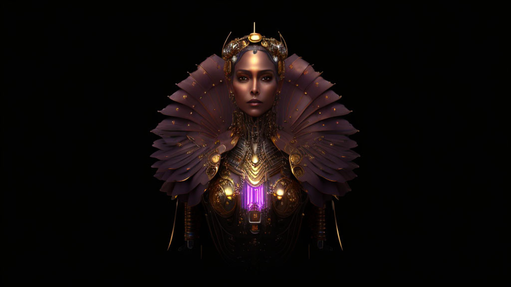 Digital Artwork: Woman with Golden Headdress and Armor in Purple and Dark Background