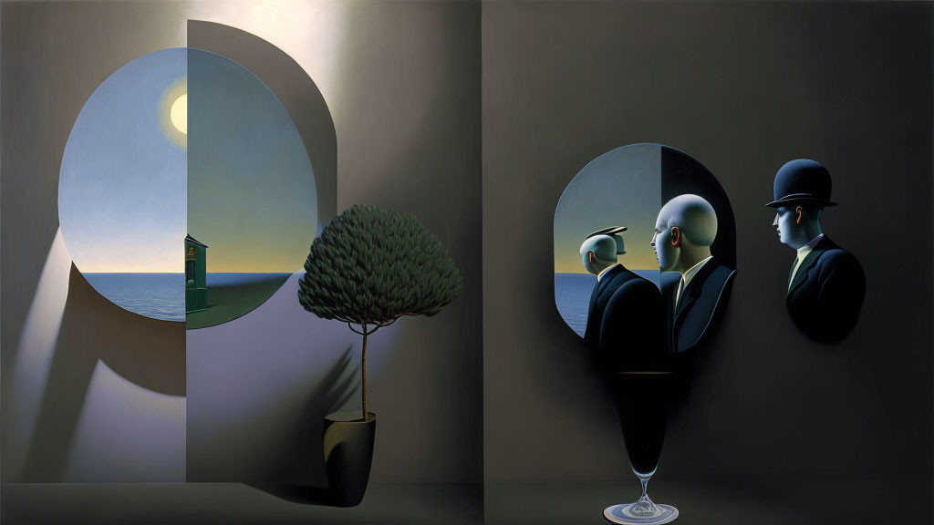 Surrealist painting with moonlit scene and men in bowler hats mirrored by a tree