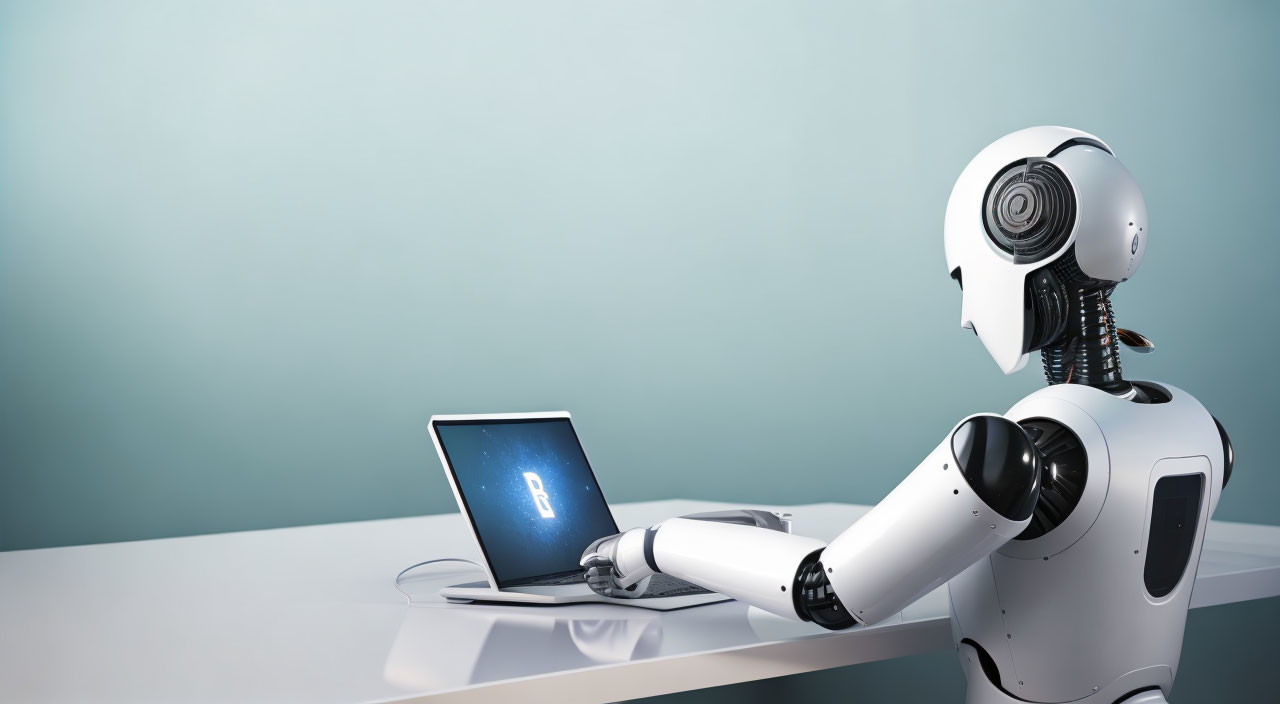 White humanoid robot at desk with blue laptop on teal background