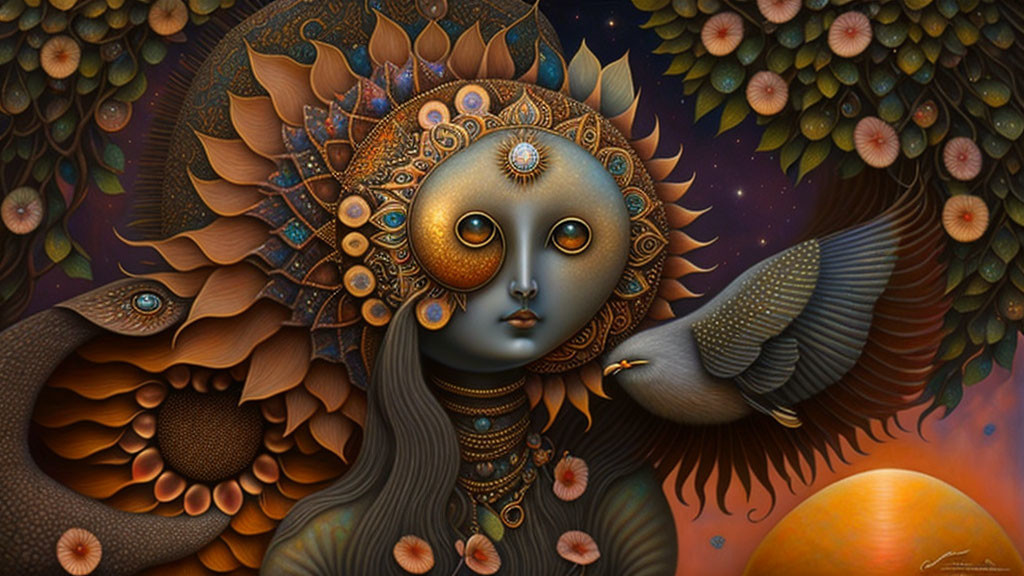 Surreal portrait featuring moon-faced figure with ornate jewelry and bird against celestial backdrop