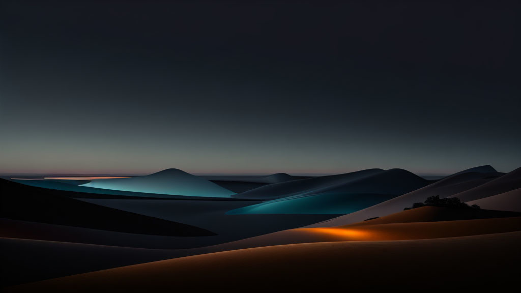 Dark night sky over moonlit sand dunes with shadows and subtle illumination.