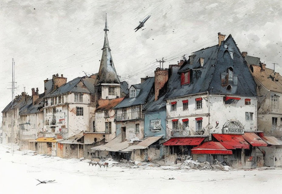 Vintage Street Scene Watercolor Painting with Snow-Covered Rooftops