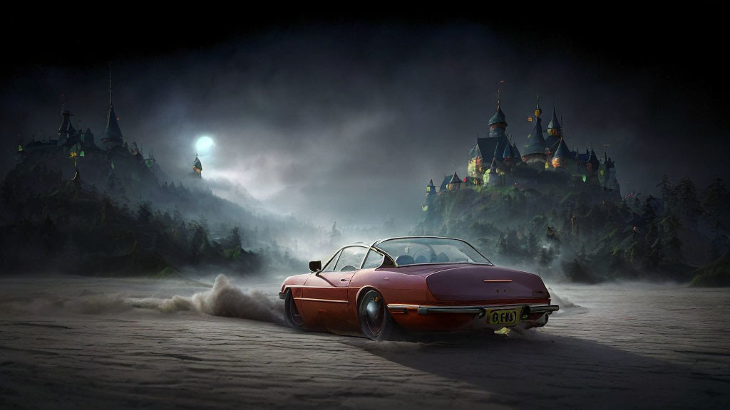 Vintage Red Sports Car Speeding on Foggy Road with Illuminated Castle at Night