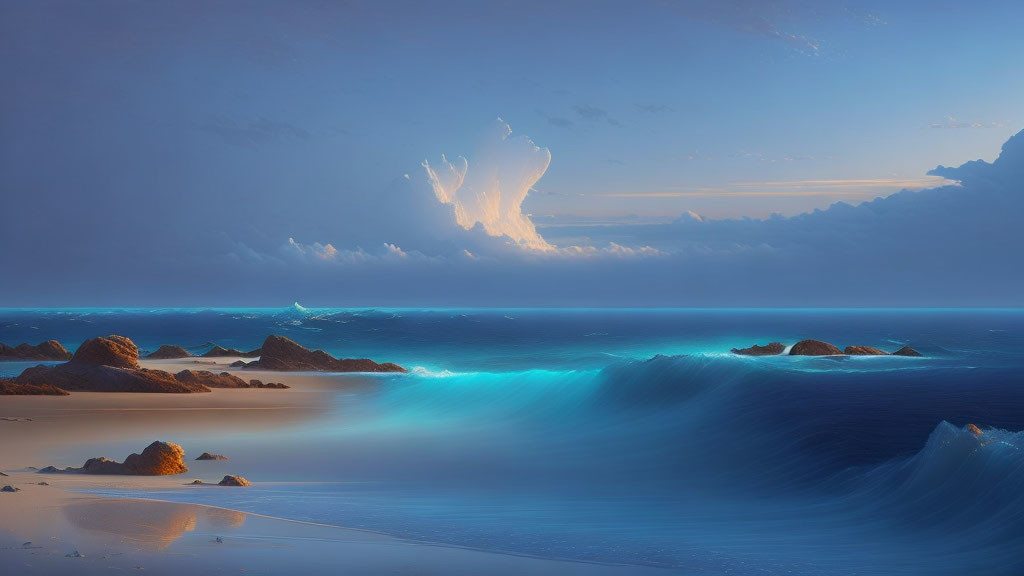 Tranquil beach scene at dusk with blue waves, rocks, sand, and dramatic clouds.