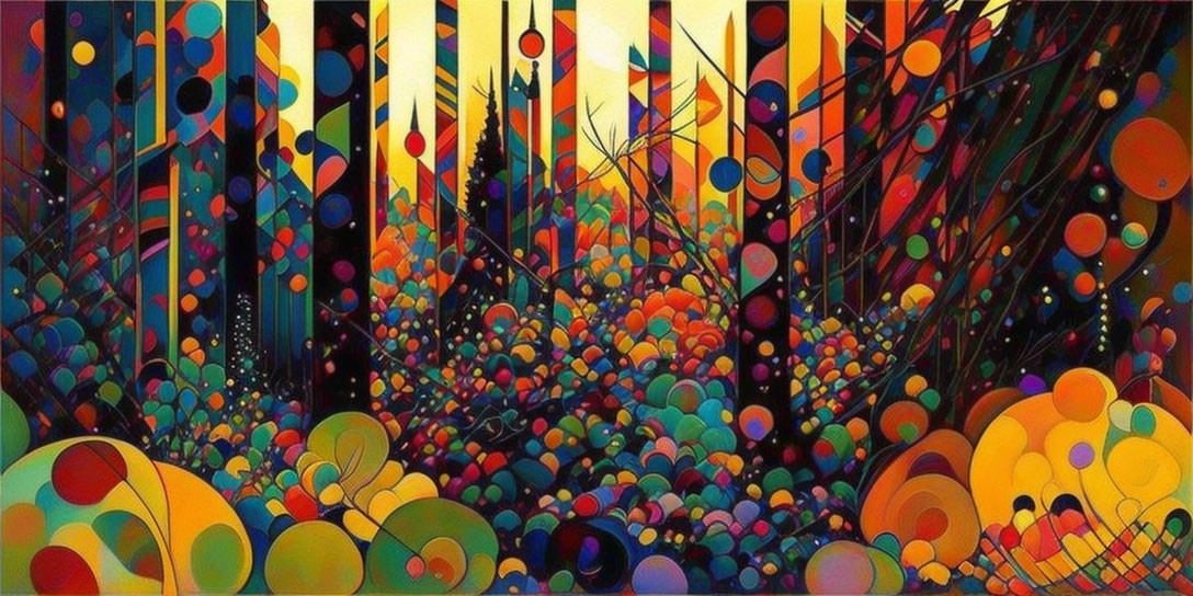 Colorful Abstract Forest with Geometric Shapes and Circles