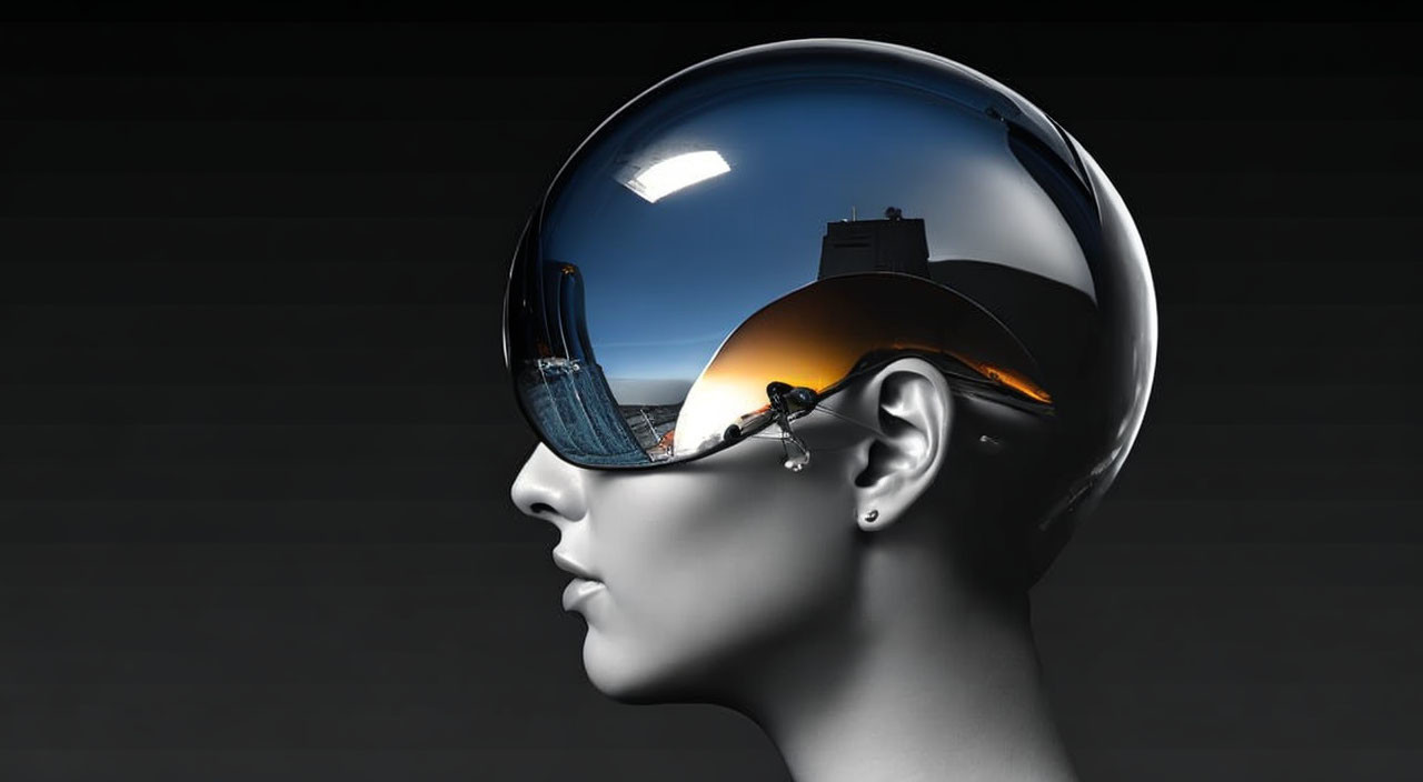 Transparent futuristic head with spherical helmet showcasing urban and natural landscapes.