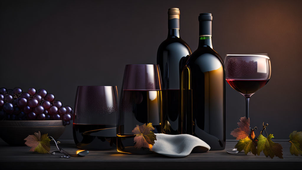 Elegant wine bottles, glasses, grapes, and autumn leaves on dark background