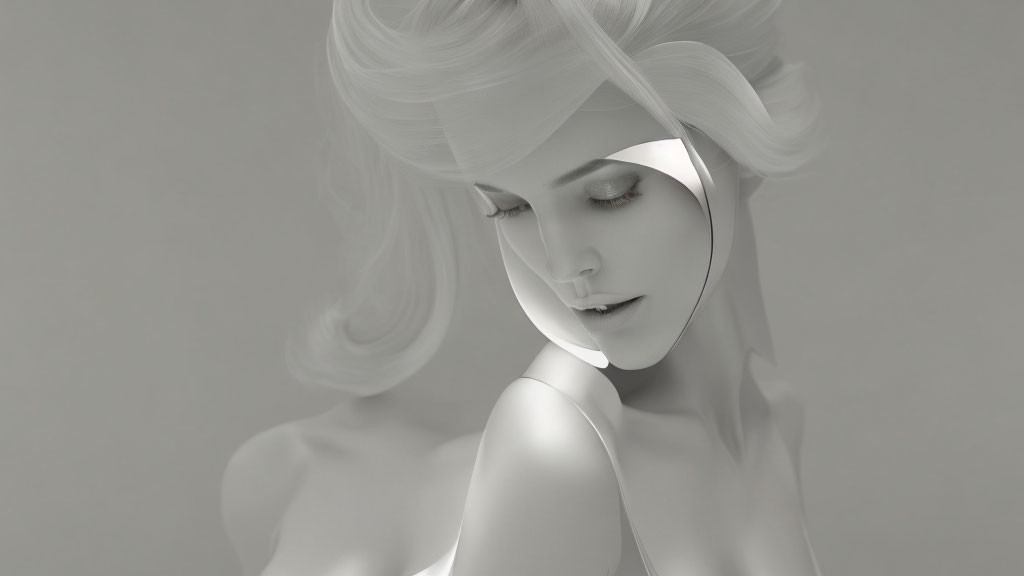 Monochrome 3D-rendered female figure with voluminous hair and contemplative expression