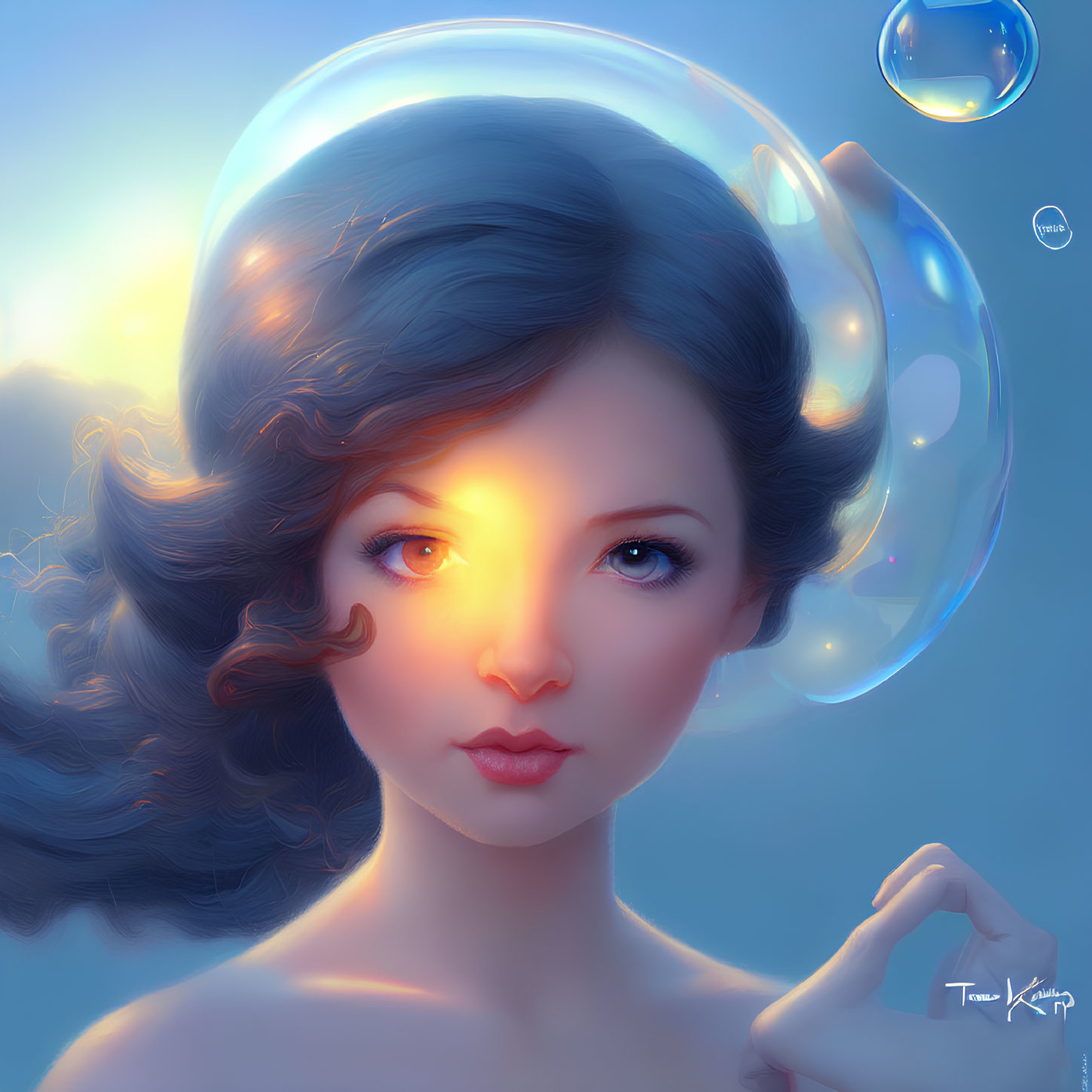Digital portrait of woman with curly hair and glowing eyes in iridescent bubble on blue background