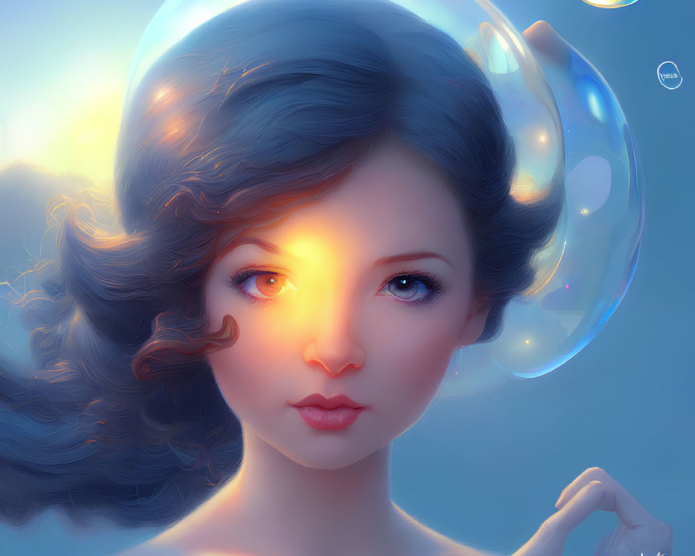 Digital portrait of woman with curly hair and glowing eyes in iridescent bubble on blue background