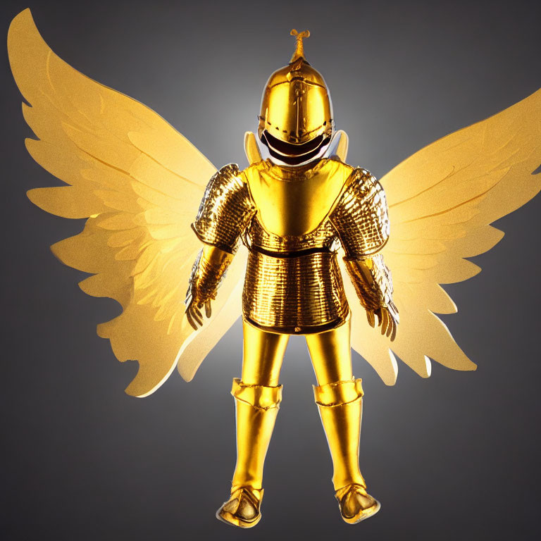 Golden armored figure with wings on gray background: Fantasy angelic knight.