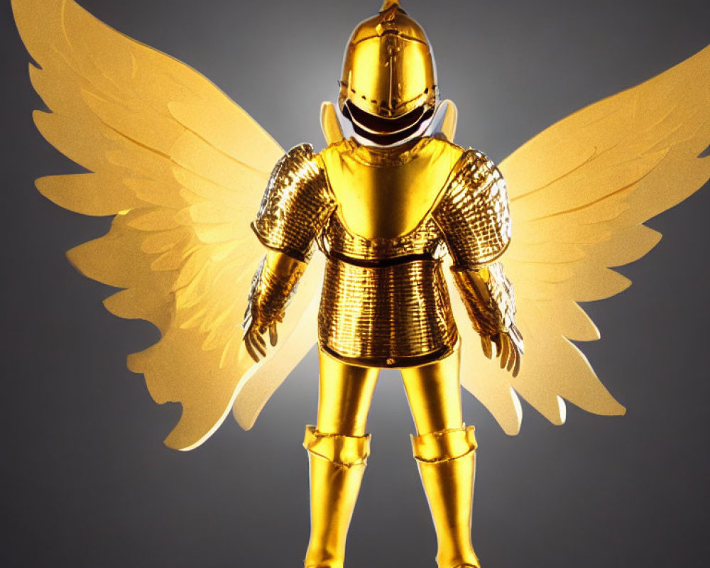 Golden armored figure with wings on gray background: Fantasy angelic knight.