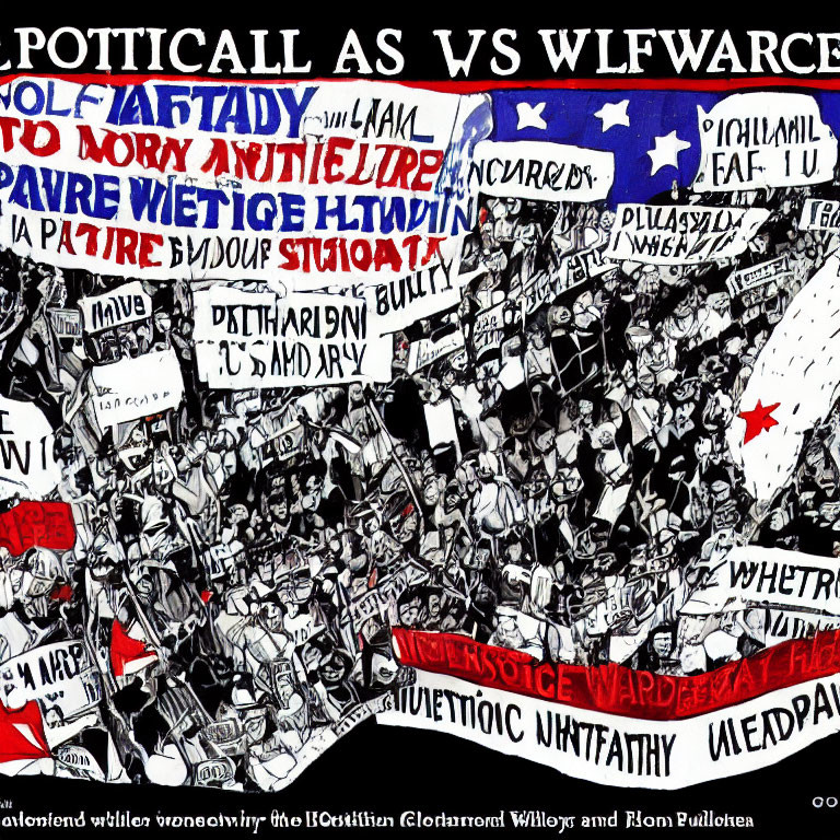 Satirical illustration comparing "POLITCALL" and "WLF WARCE" factions in chaotic protest