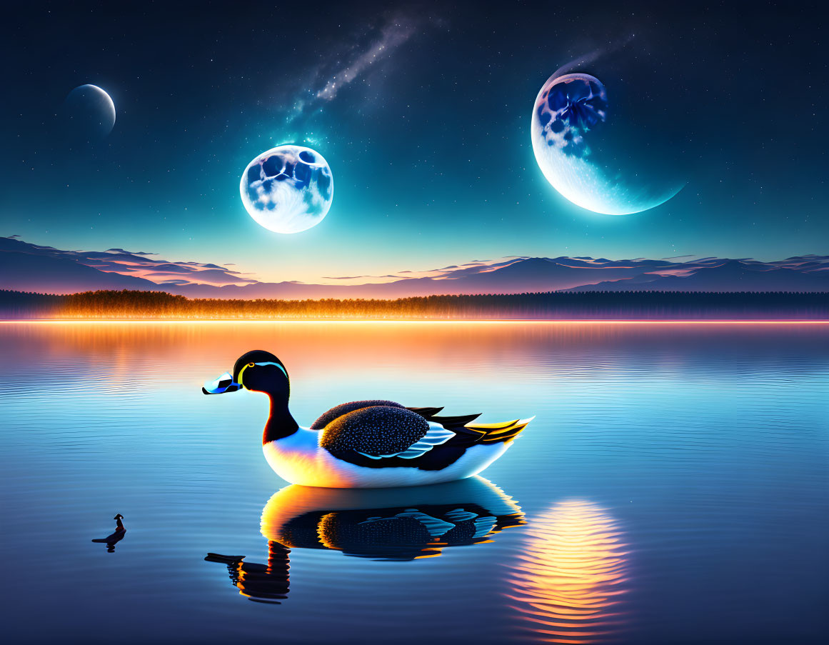 Duck floating on serene lake under two moons at night