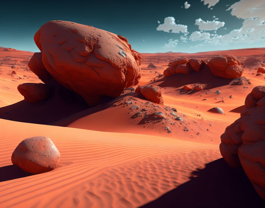 Vivid digital illustration: Martian landscape with sand dunes, rocks, blue sky