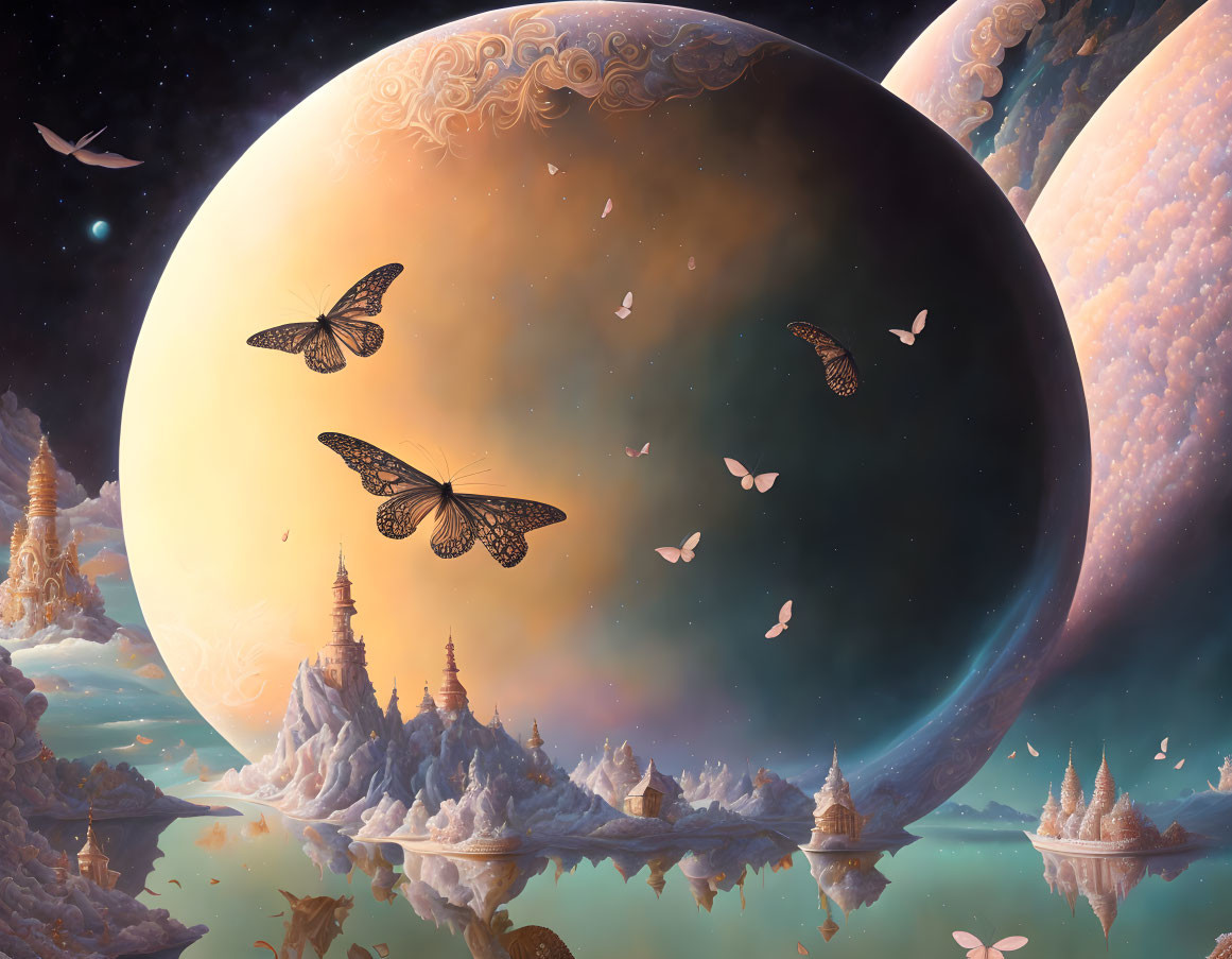 Fantastical cosmic scene with butterflies, ornate towers, and glowing planet