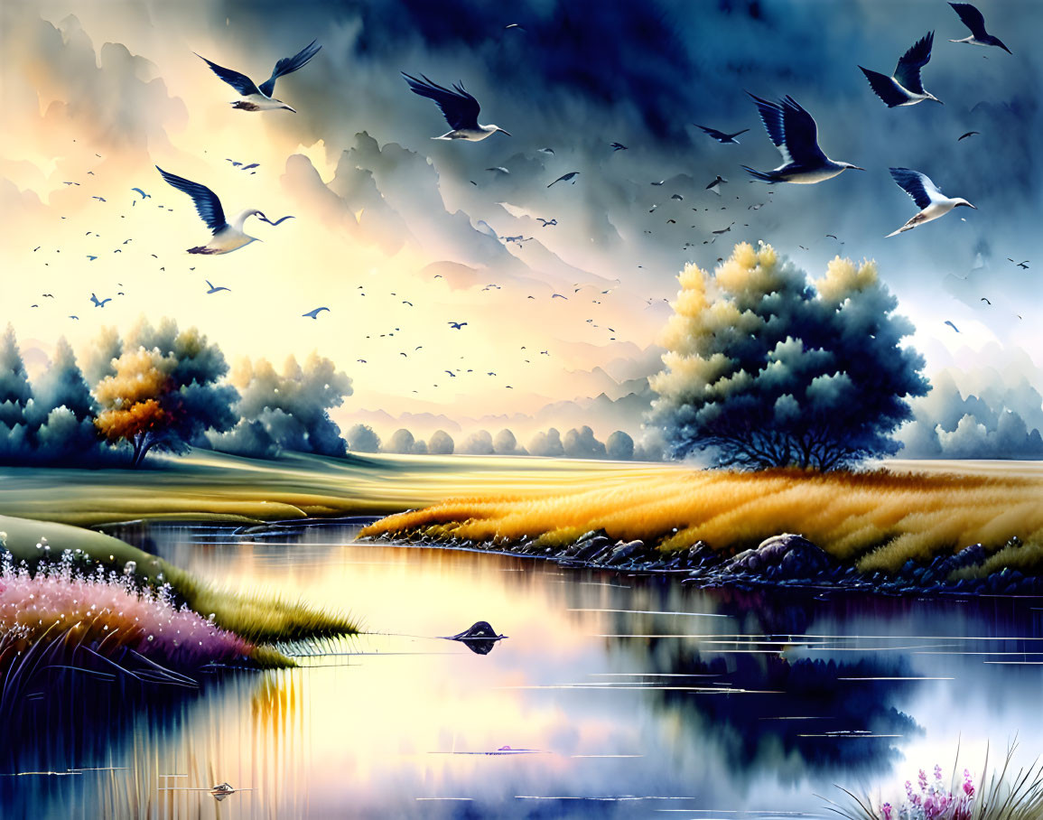 Tranquil landscape: Birds flying over serene lake at dawn or dusk