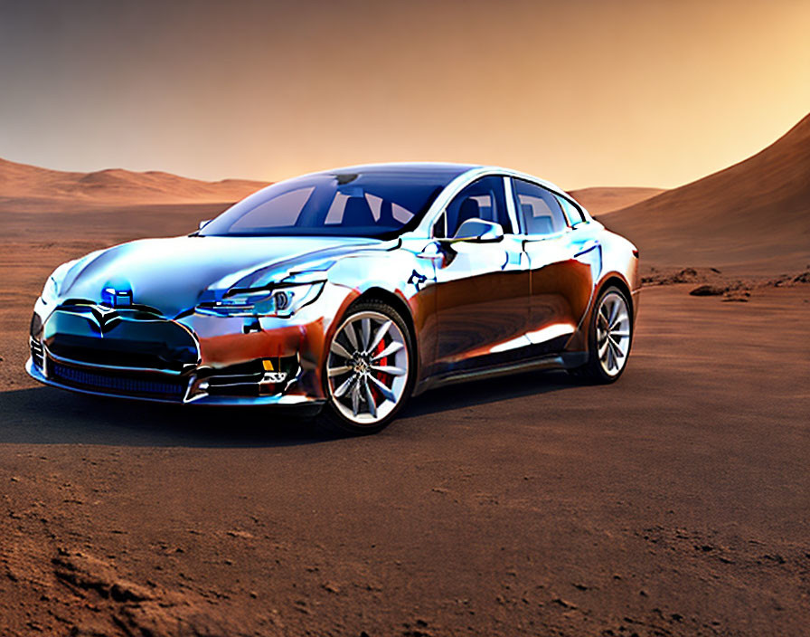 Shiny Tesla Model S Electric Car on Desert Road with Golden Sky