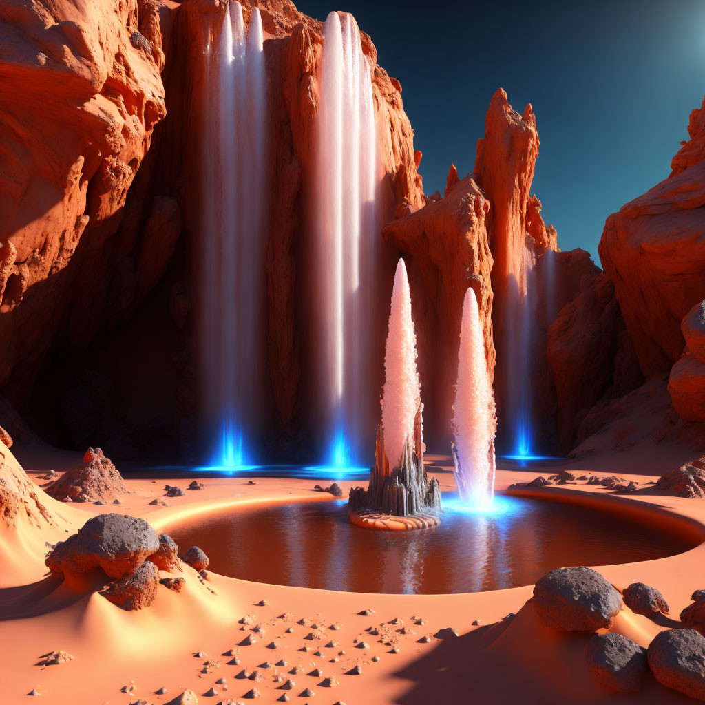 Surreal landscape with white waterfalls, blue pools, and orange rocks