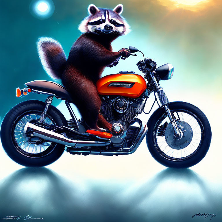 Stylized raccoon on orange motorcycle against teal background