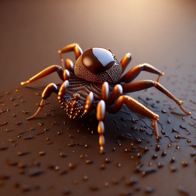 Metallic spider with moisture beads on smooth surface under warm lighting