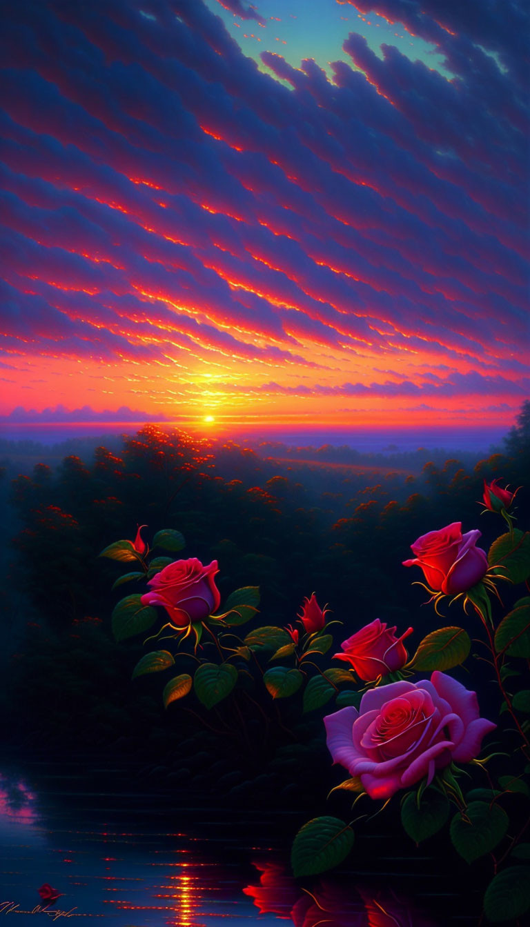 Colorful sunset with streaked clouds over forest, reflective river, and pink roses.