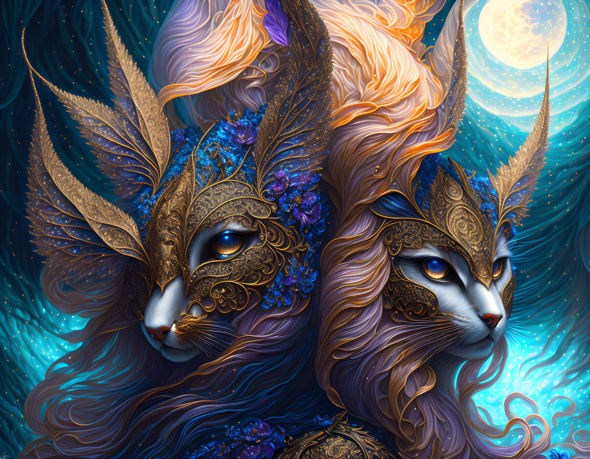 Intricate Mask-Wearing Fantasy Cats in Moonlit Sky