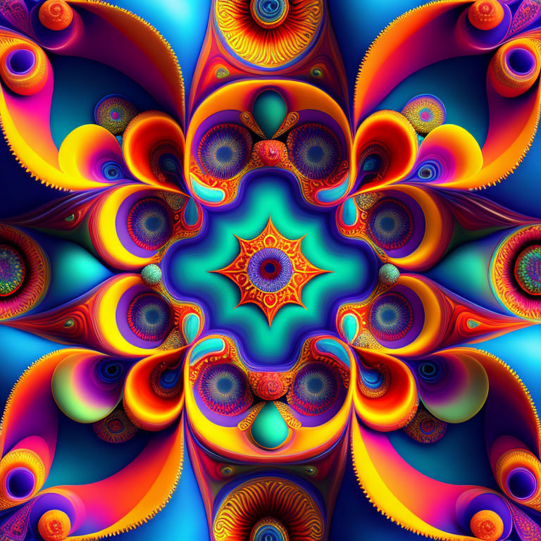 Symmetrical fractal image with vibrant colors and intricate patterns