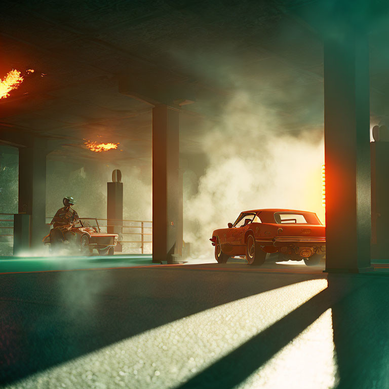 Sunset light filters through smoke in car park with motorcyclist and classic car emitting flames.