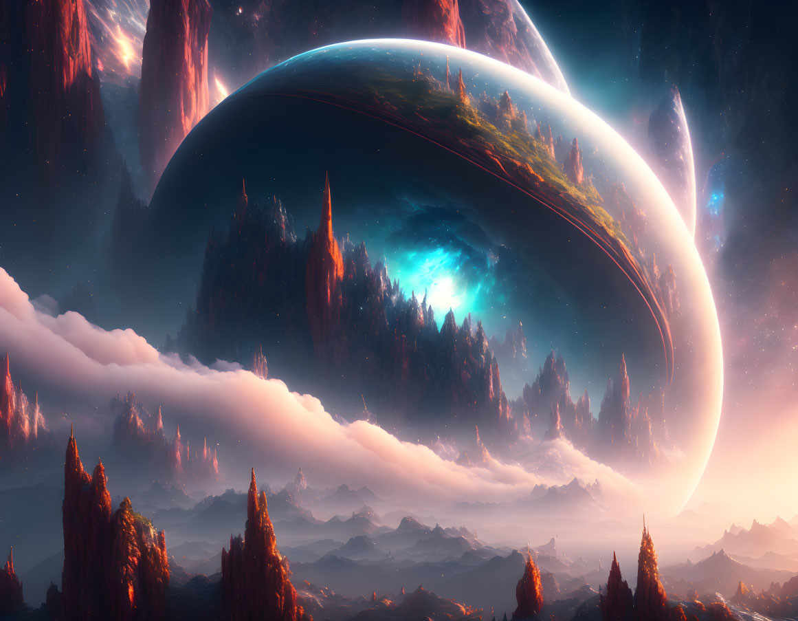 Surreal landscape with towering spires, forests, and giant planet with rings visible in the sky