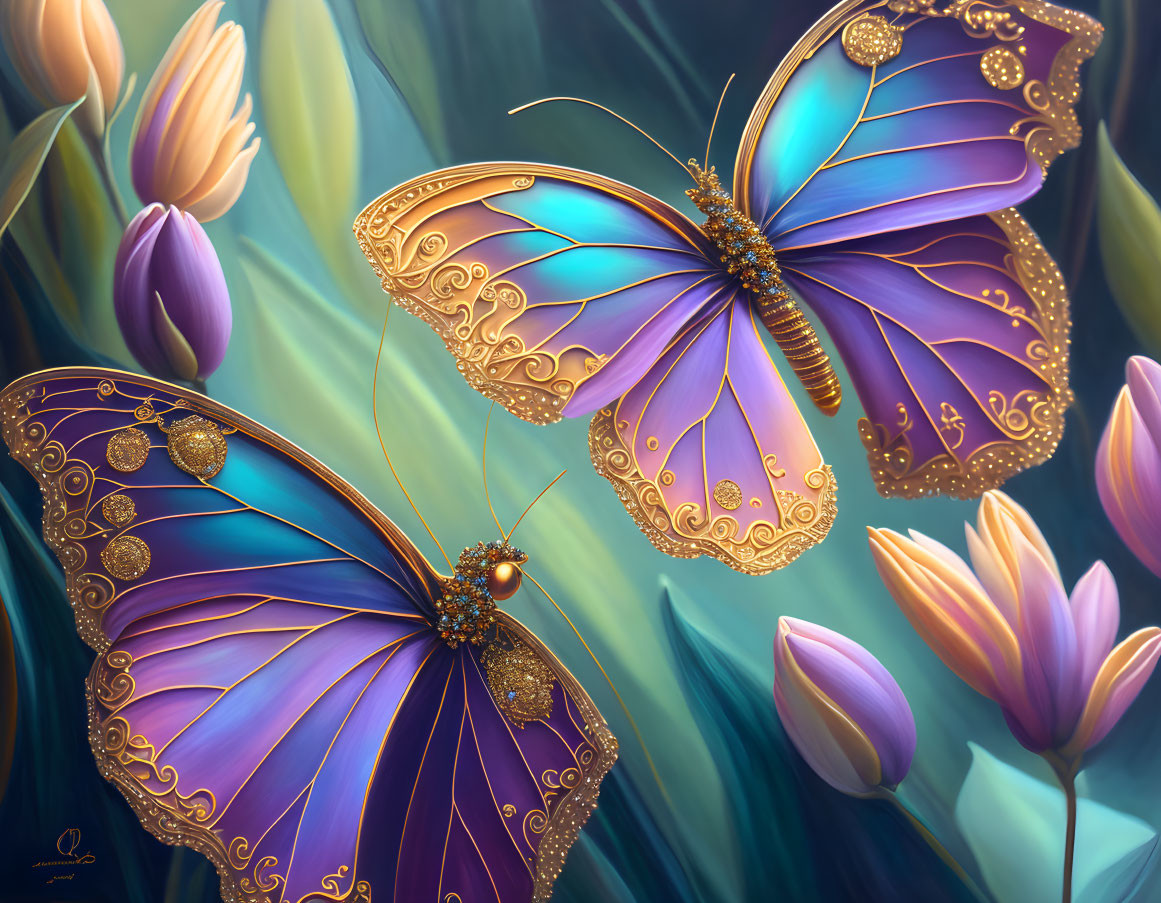 Colorful Butterflies and Tulips on Teal Background