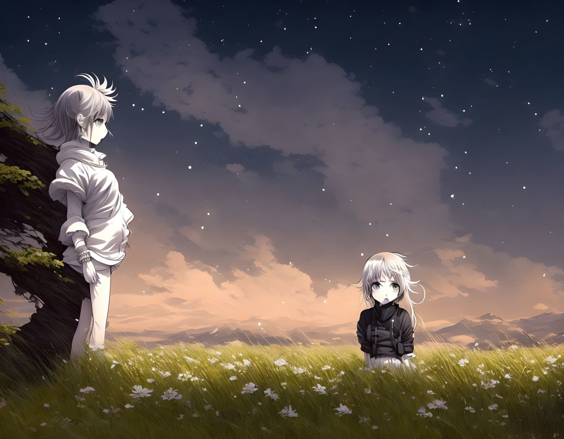 Anime characters in serene field at twilight with blooming flowers and starry sky