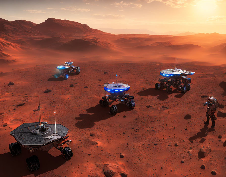 Exploration scene: Futuristic rovers and astronaut on Mars-like surface