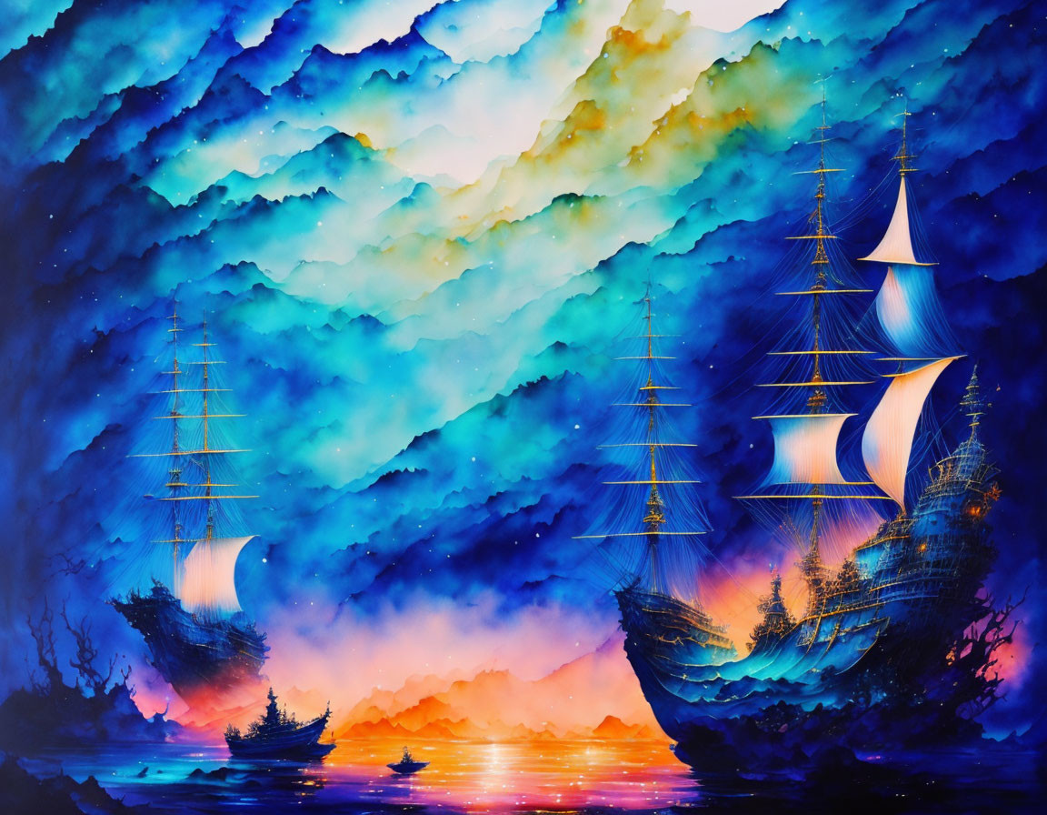 Colorful painting of sailing ships on ocean waves with blue and orange hues.