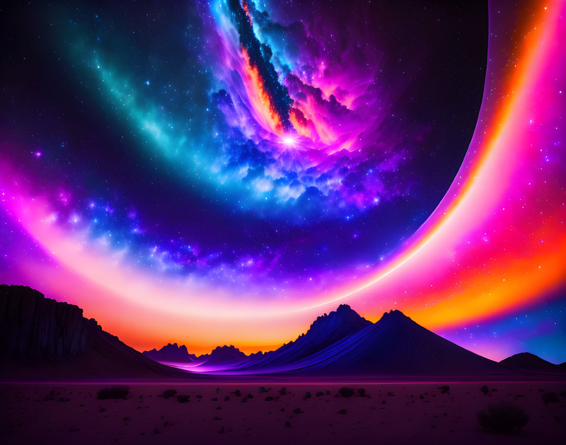 Vibrant digital artwork of neon auroras over surreal desert landscape