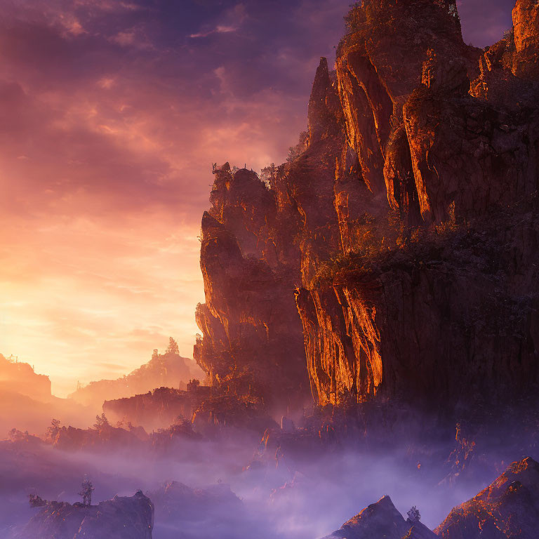 Majestic sunrise with orange clouds over rugged cliffs and misty valleys