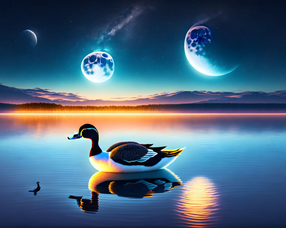 Duck floating on serene lake under two moons at night