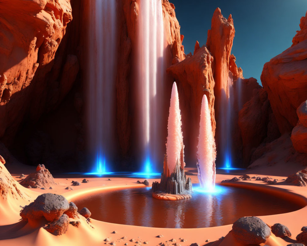 Surreal landscape with white waterfalls, blue pools, and orange rocks