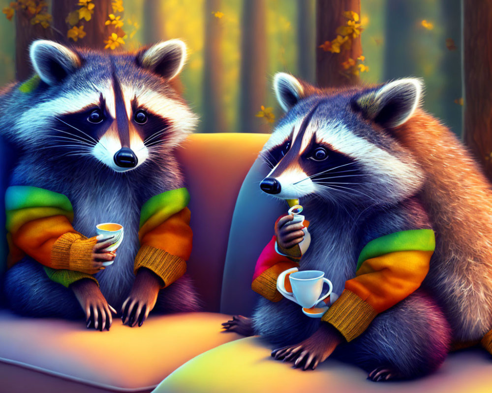 Colorful cartoon raccoons on couch with autumn backdrop