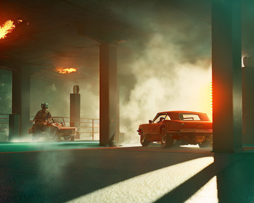 Sunset light filters through smoke in car park with motorcyclist and classic car emitting flames.