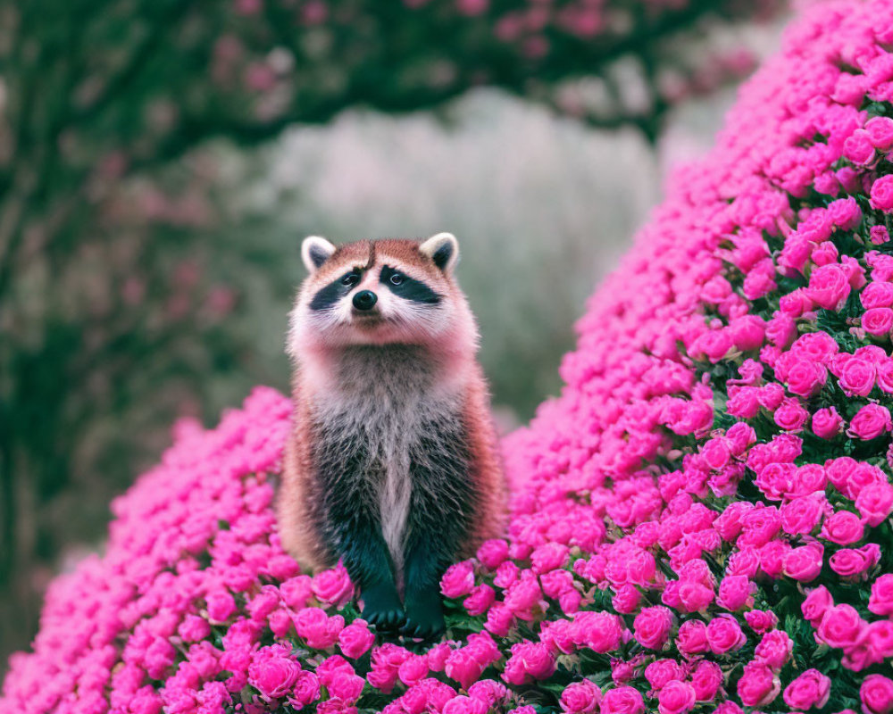 Curious raccoon amidst vibrant pink roses