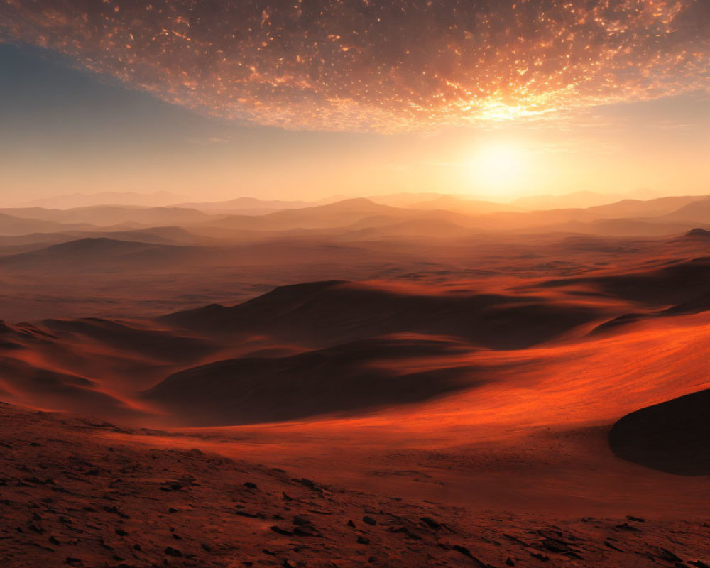 Tranquil desert landscape at sunset with rolling dunes