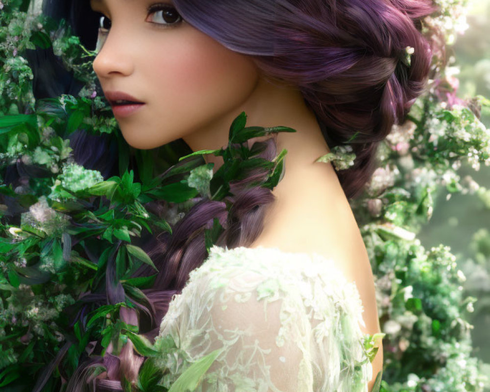 Purple-haired woman in floral wreath surrounded by greenery and white blossoms