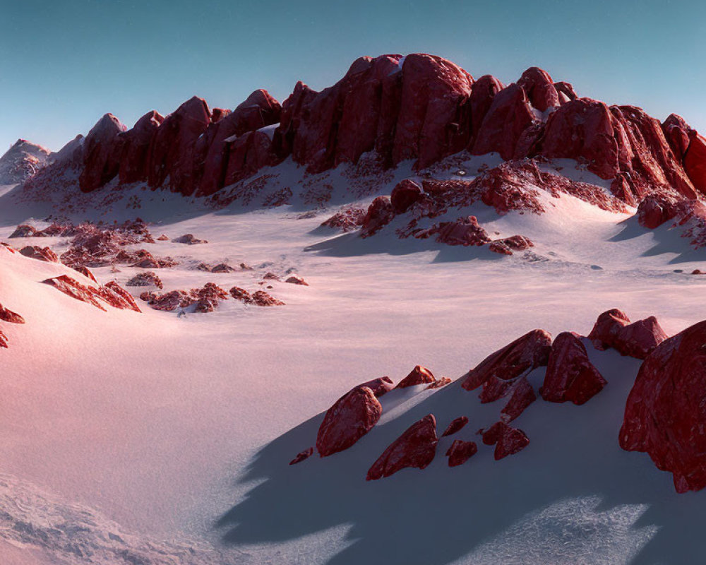 Snow-covered landscape with red rocky mountains under clear sky