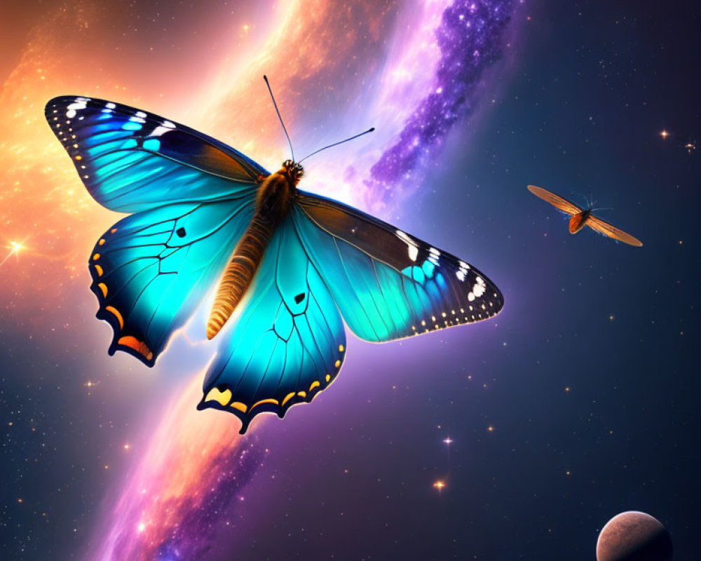 Blue butterfly and dragonfly in cosmic space with nebula, stars, and planets